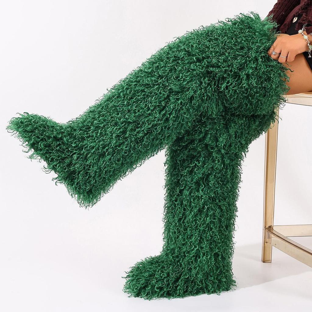 European-American 72cm Faux Tibetan Sheep Fur Thigh-High Snow Boots for Autumn & Winter
