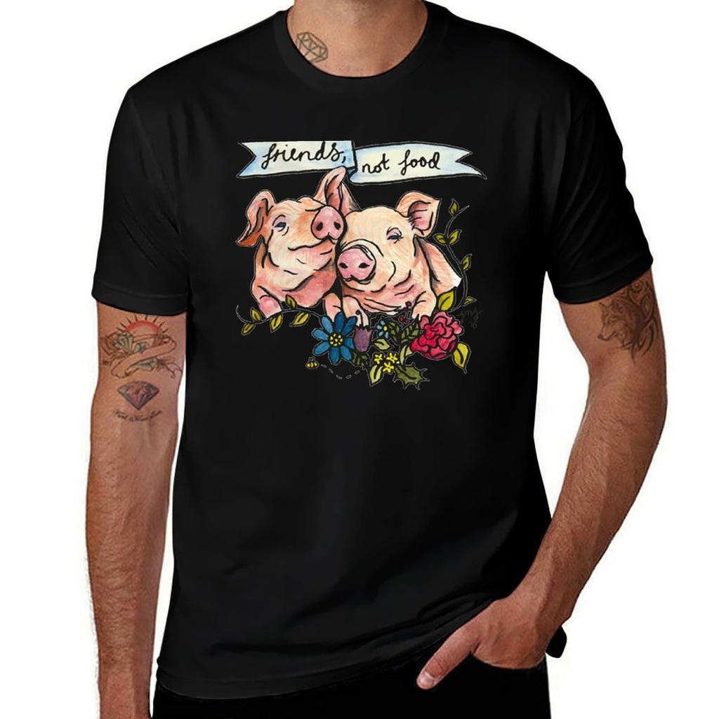 Friends, Not Food' Pig Veggie Vegan Illustration T-Shirt Casual Holiday Short Sleeve Tee