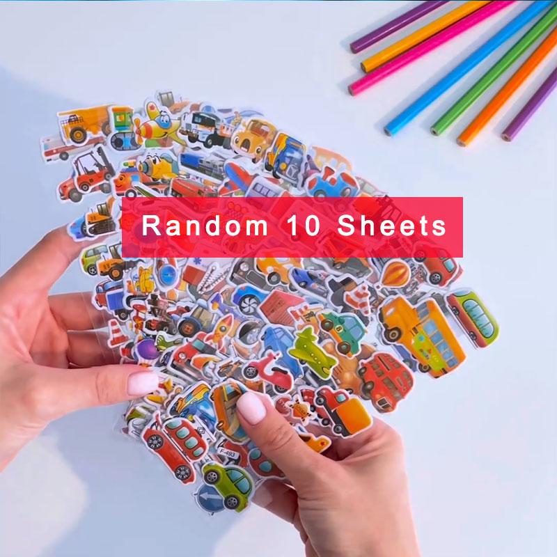 10 Sheets 3D Puffy Stickers for Kids Cute Cartoon Vehicle Stickers Scrapbook Stickers for Children Gift for Boys and Girls