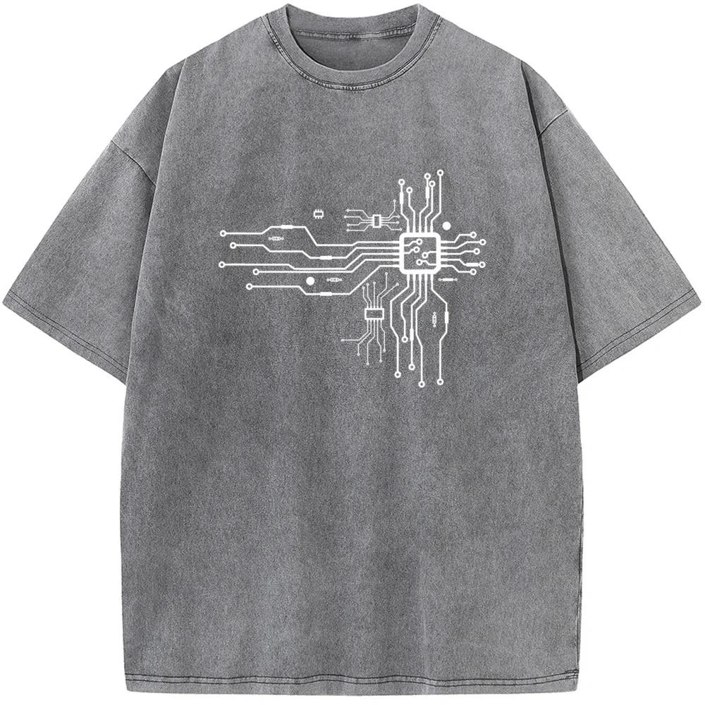 CPU Processing Chip Route Men's Short-Sleeved T-shirt Streetwear Men Washed T-shirts Vintage Colored Mens T-shirts