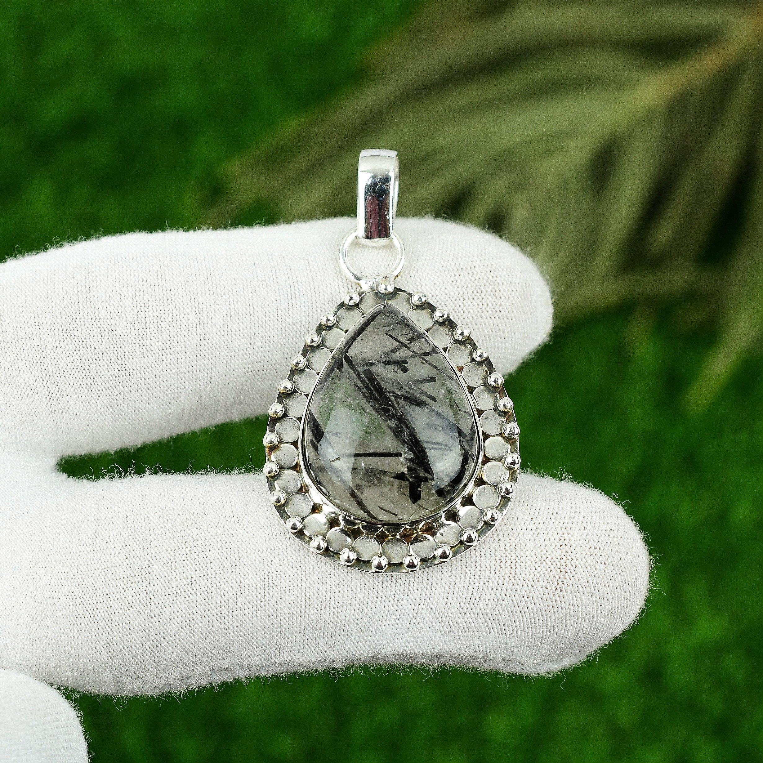 

Natural Black Rutile Gemstone Pendant 925 Sterling Silver Jewelry For Girls