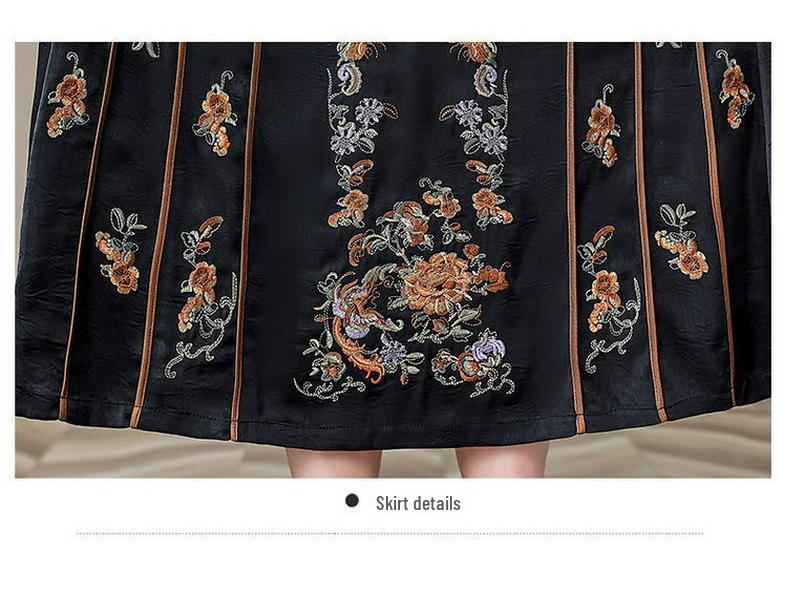 Chinese Style Embroidered Ma Mian Skirt, Elastic Waist, Knee-Length, for Middle-Aged and Elderly Women