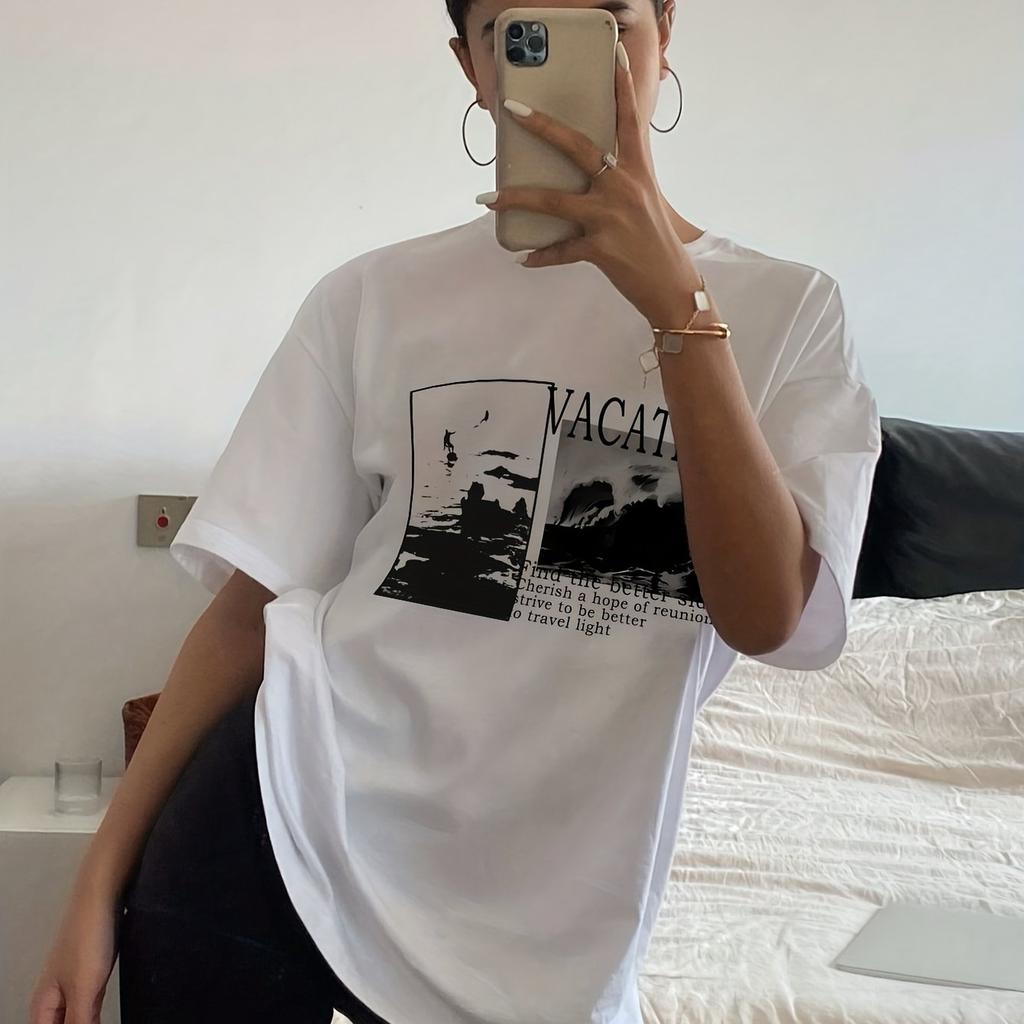 Unisexs Pure Cotton Retro Letter Printed Round Neck Tshirt Summer Basic Style Fashionable And Stylish Loose Fit Slimming Top