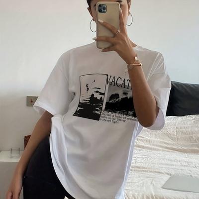 Unisexs Pure Cotton Retro Letter Printed Round Neck Tshirt Summer Basic Style Fashionable And Stylish Loose Fit Slimming Top