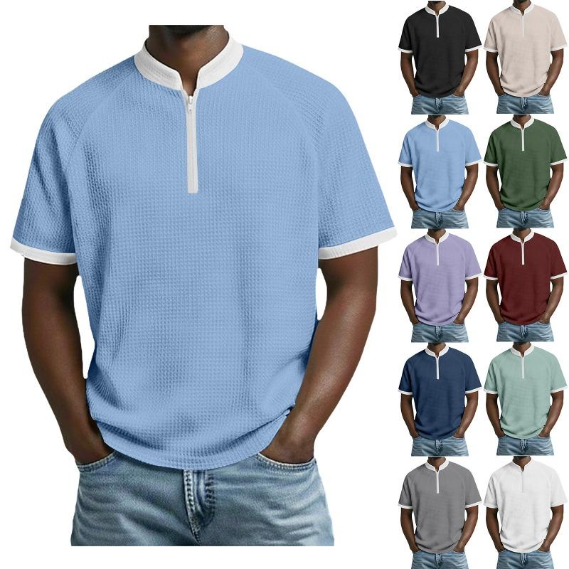 Men's Stand Collar Short Sleeve Polo Shirt Color Block Casual Sports T-Shirt.