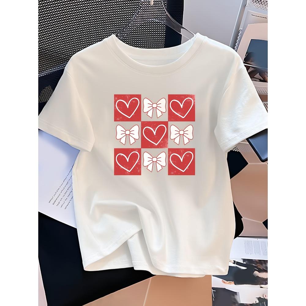 

Women S Casual Crew Neck T-Shirt with Pink Heart Bow Print Harajuku Sleeve Casual Clothing Street Tops Clothes S