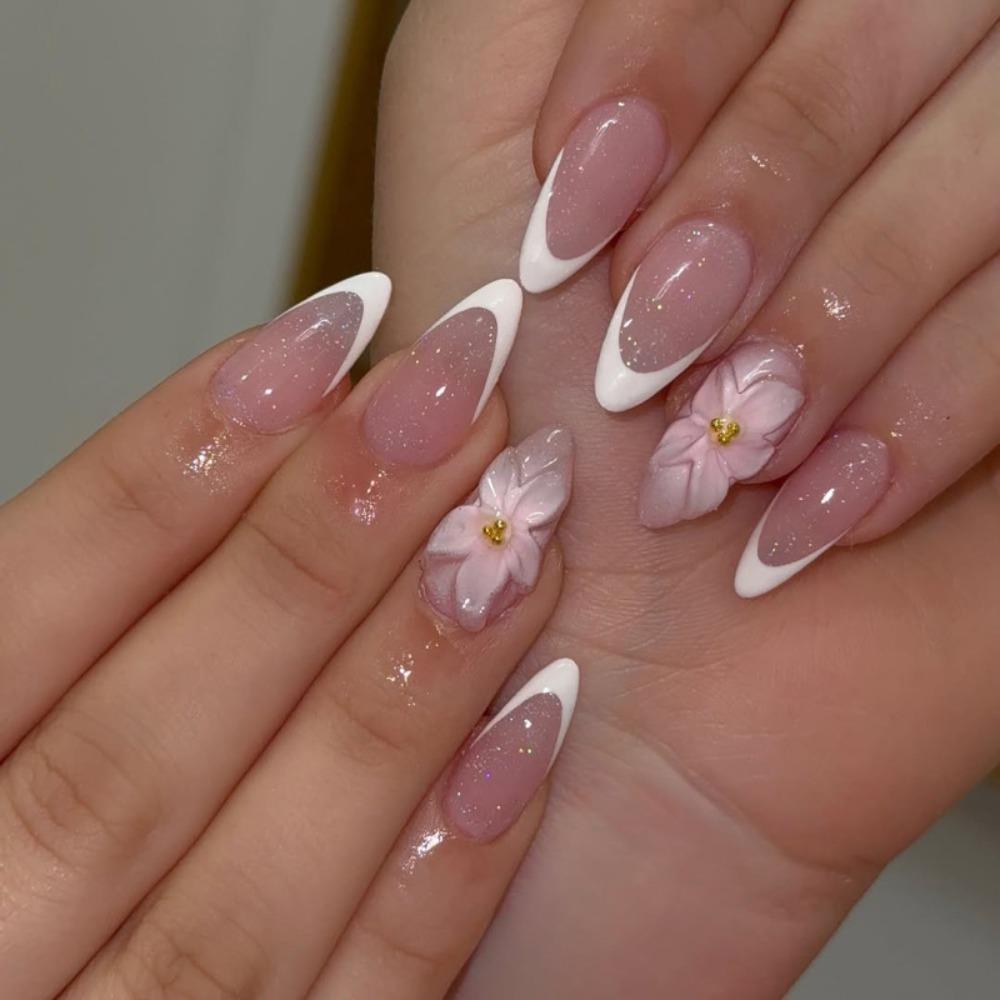 24pcs Manicure Long Almond False Nails Aurora Flower White Edge Press On Nails Detachable French Nail Tips DIY
