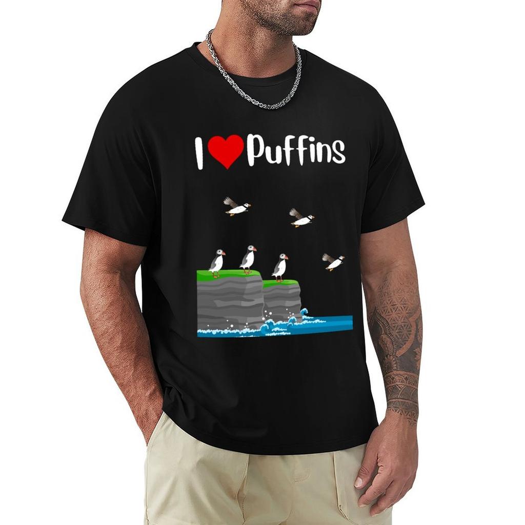 I love puffins Puffin colony on high sea cliff puffin lover T-Shirt All Match Print Short Sleev