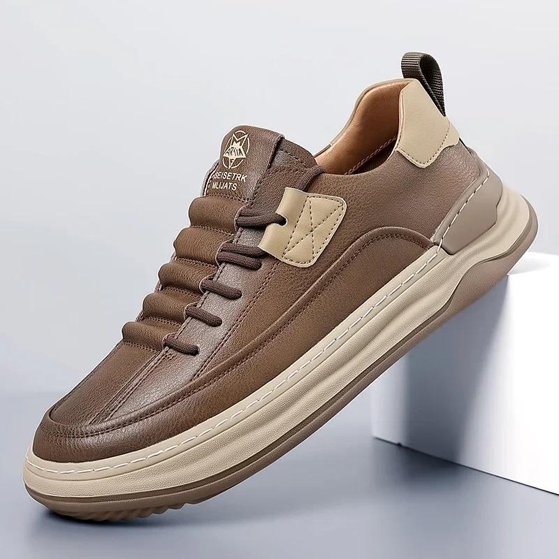 Italian Genuine Leather Mens Sneakers Antiskid Outdoor Casual Shoes Classic Lace Up Designer Shoes Luxury Comfy Tennis Masculino