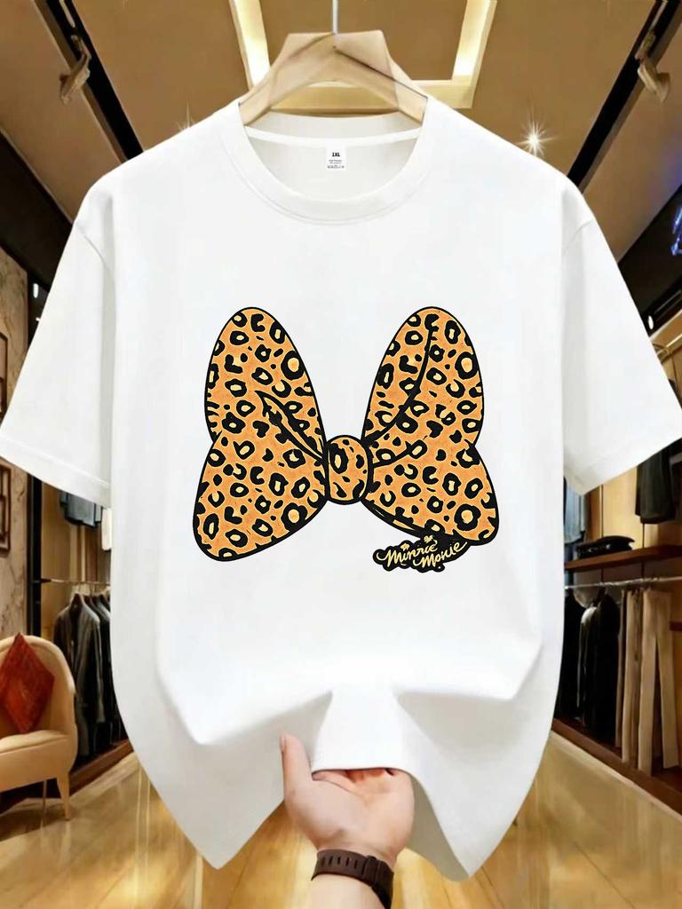 Wds01298leopard Print Bow Print Plus Size Unisexs Round Neck Tshirt Summer Casual Short Sleeved Top Street Fashion Versatile