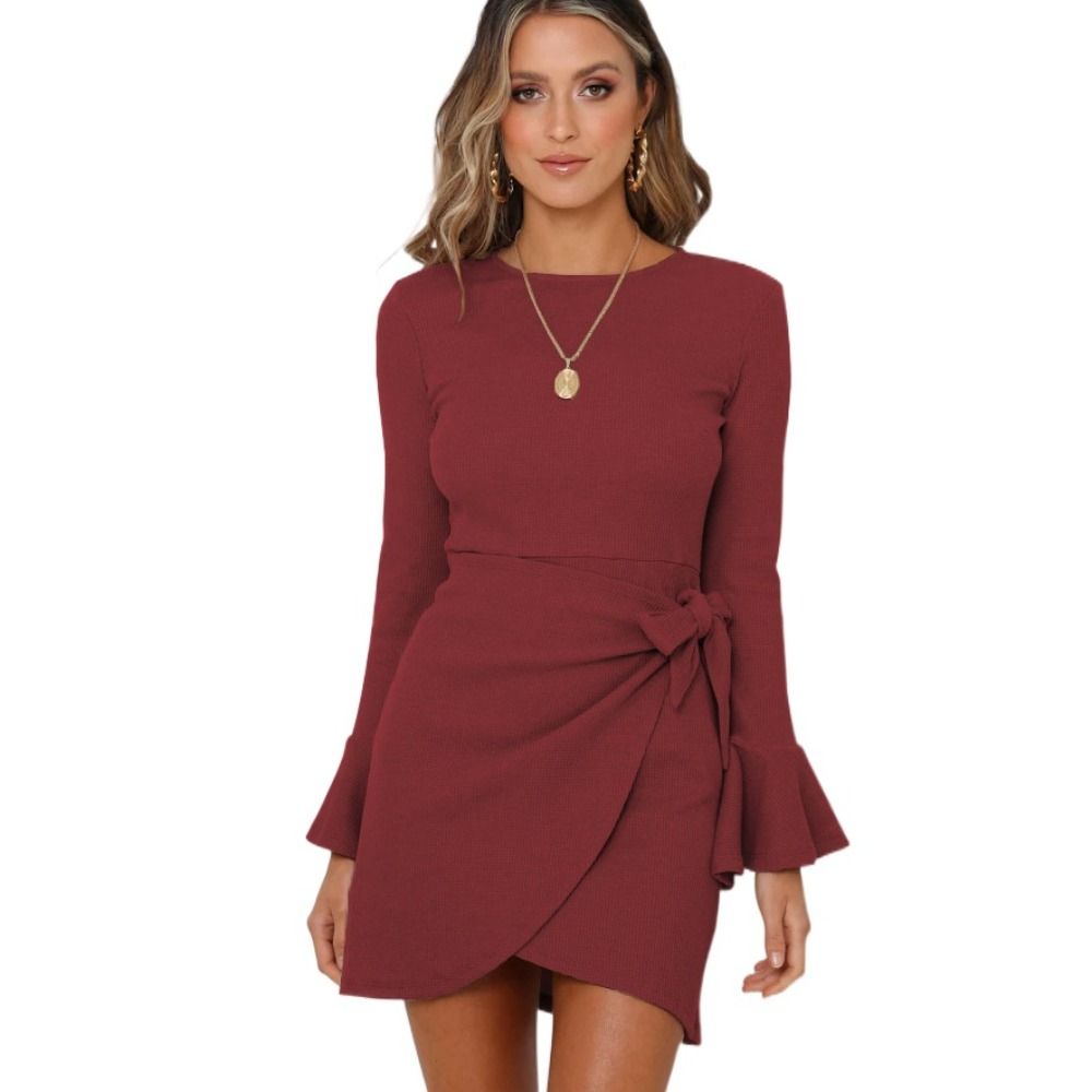 

Long Sleeve Pagoda Sleeves Dress Irregular Tie Up Dress Simple Slim Dress Club XL хаки