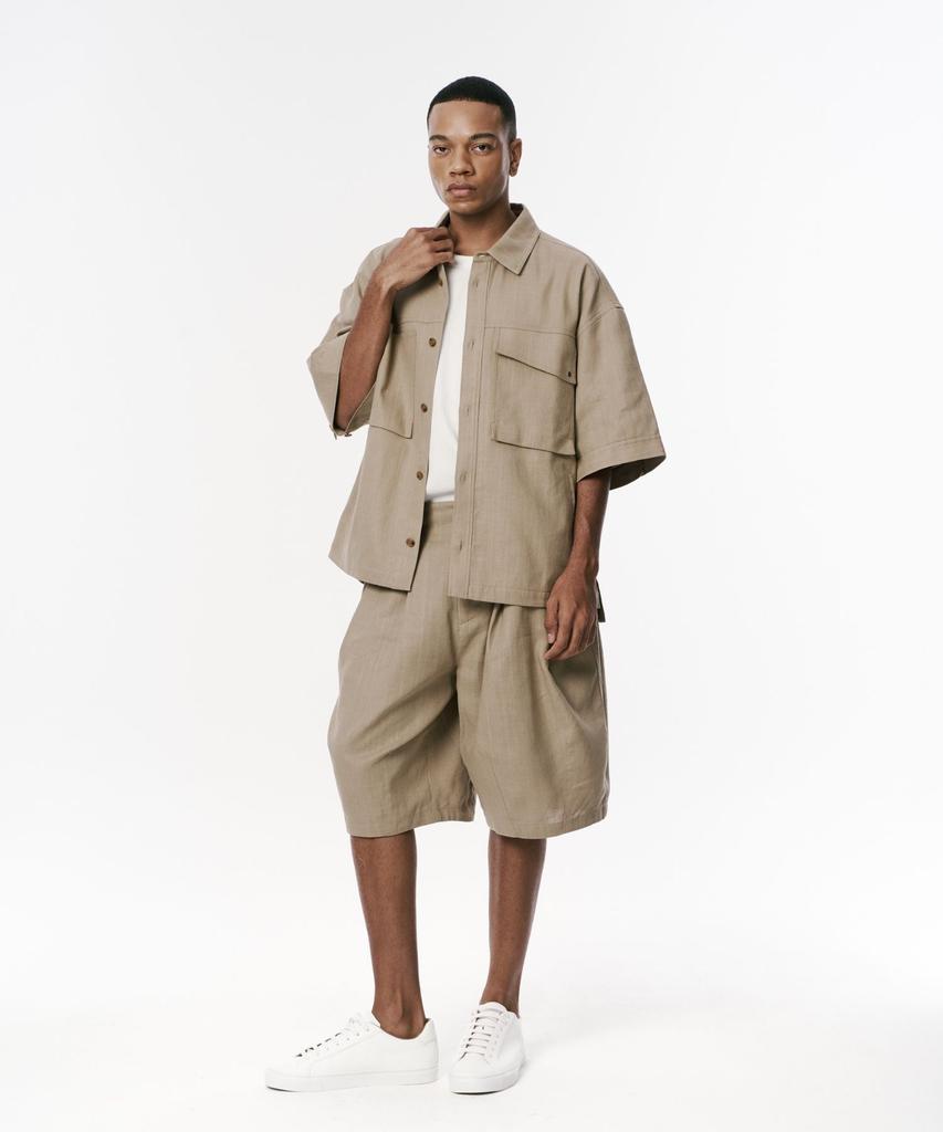 Codemorph Linen Texture Cotton Utility Short Sleeve Shirt Jacket Beige