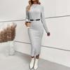 Damen Slim Fit High Waist A-Linie Langes Kleid Elastisch Gestrickt Jacquard Langarm O-Ausschnitt Frühlings-Herbstkleider S-XL