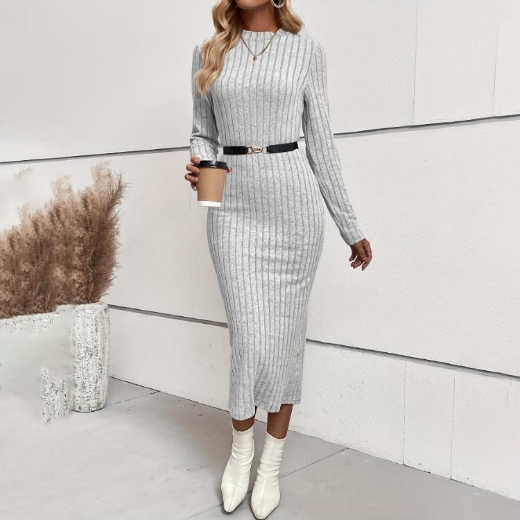 Damen Slim Fit High Waist A-Linie Langes Kleid Elastisch Gestrickt Jacquard Langarm O-Ausschnitt Frühlings-Herbstkleider S-XL