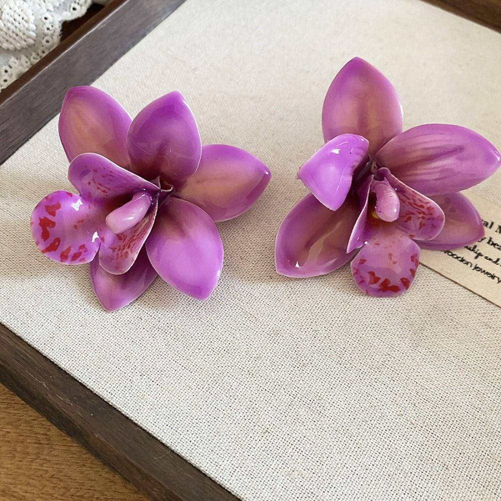 Silver Needle Flower Stud Earrings Epoxy Resin Vacation Style Earrings Women