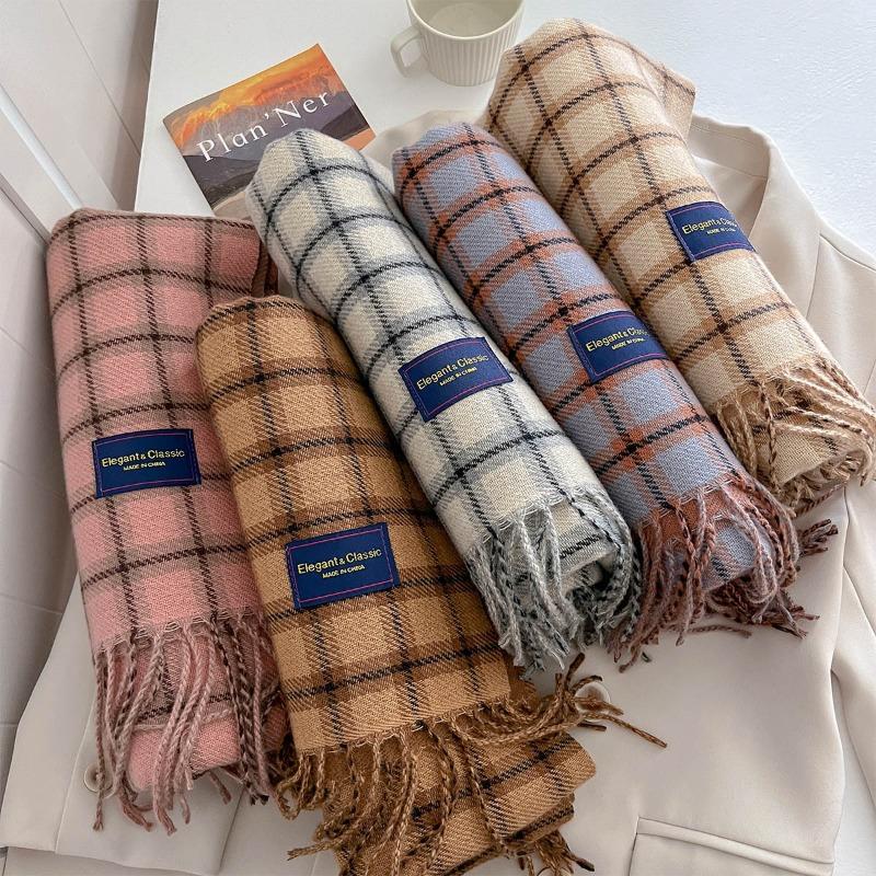 Autumn Fashion Versatile High Sense Contrasting Color Plaid Scarf Thickened Warm Travel Scarf Shawl