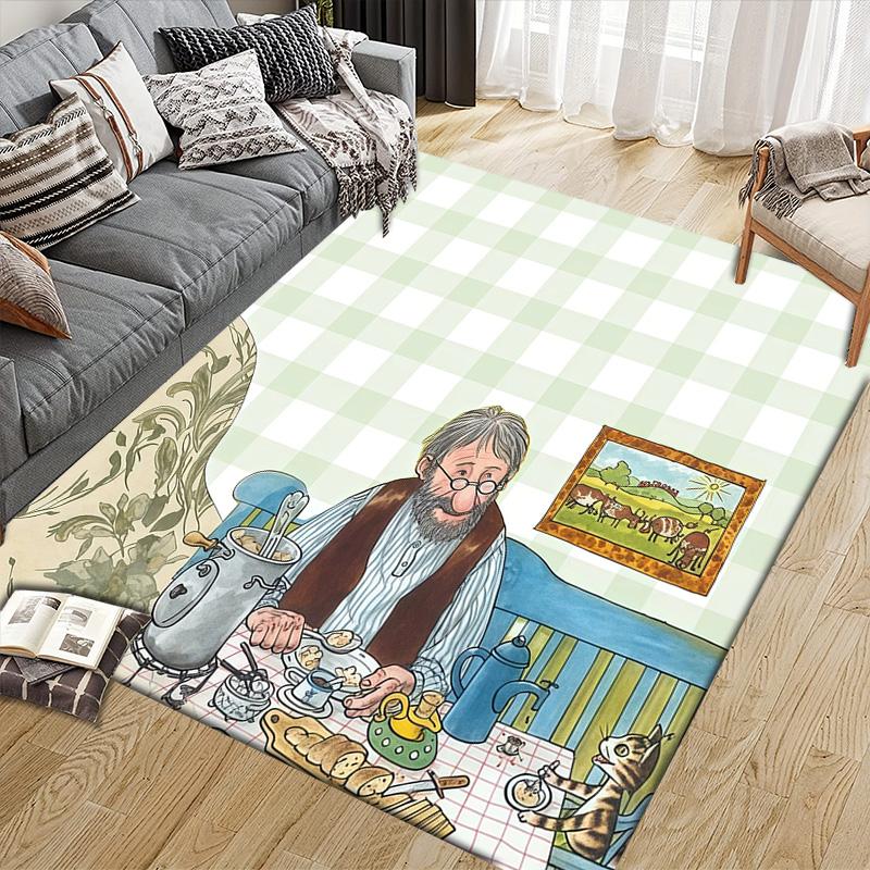 Pettson and Findus Flannel Pattern Square Carpet,Area Rug,Carpet Rug for Living Room Bedroom Sofa Playroom Decor,Non-slip Floor Mat