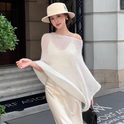 Ropa de punto irregular de corte holgado Blusa tipo capa sin hombros Cubierta casual de color liso Blusas de punto Poncho de punto transparente Ropa elegante para superponer