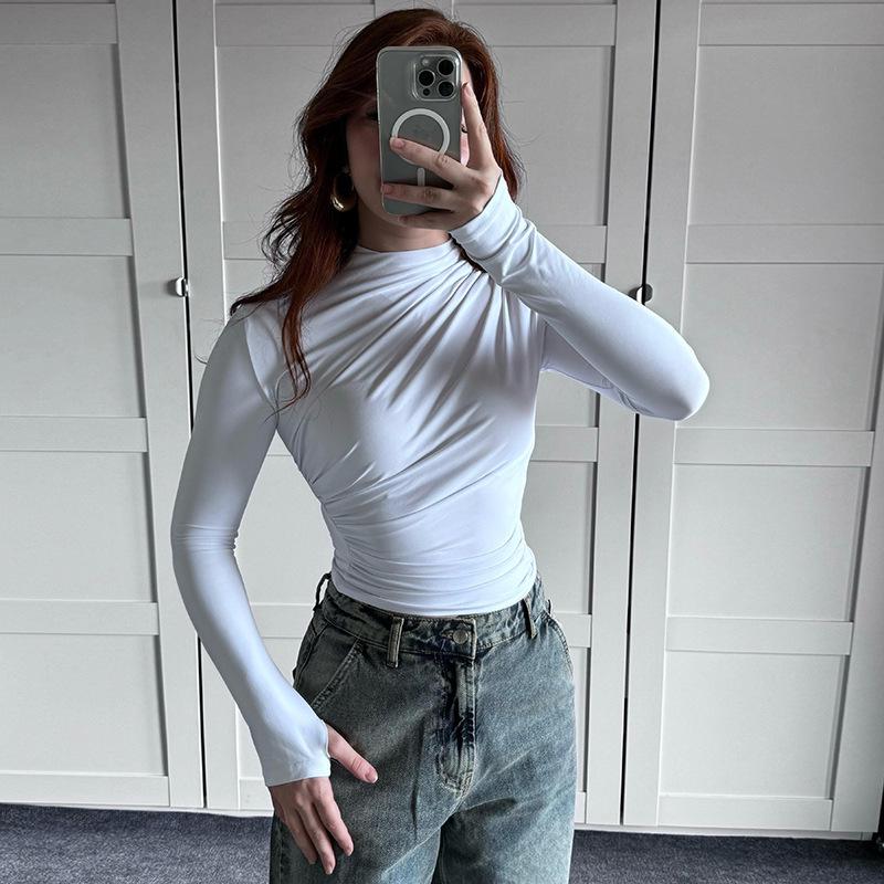 2024 Autumn/Winter Slim-Fit High-Neck Pleated Long-Sleeve Women's Top