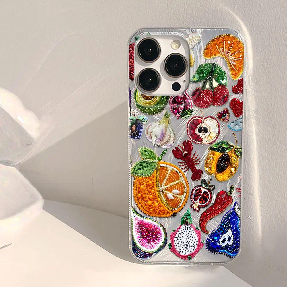Vintage Glitter Fruit Phone Case for iPhone 16 15 14 13 12 11 Pro Max X Xs XR XSMax 7 8 Plus SE 2020 2022 Feather Texture Cover