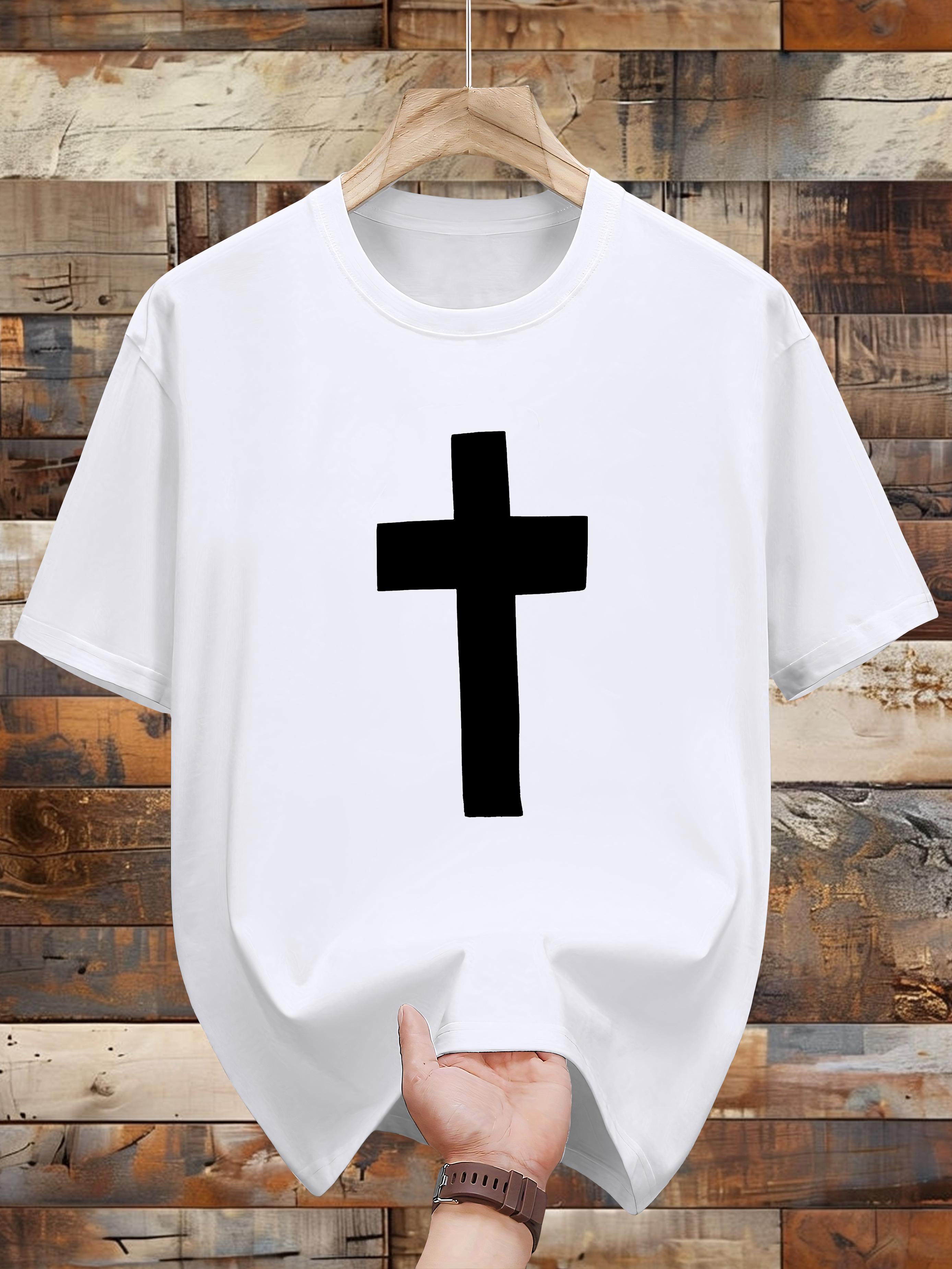 

100% Cotton Crew Neck T-shirt with White Cross Print - Casual Short Sleeve XXXL