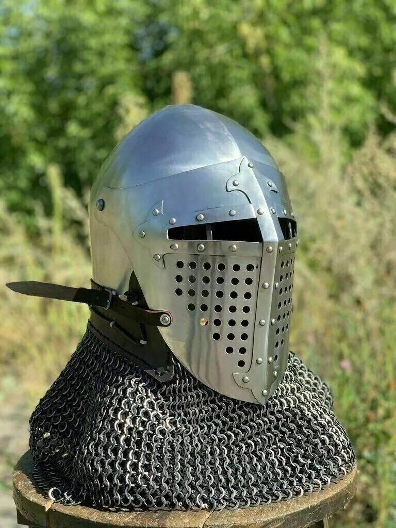 Medieval Bascinet Knight Helmet with Chainmail