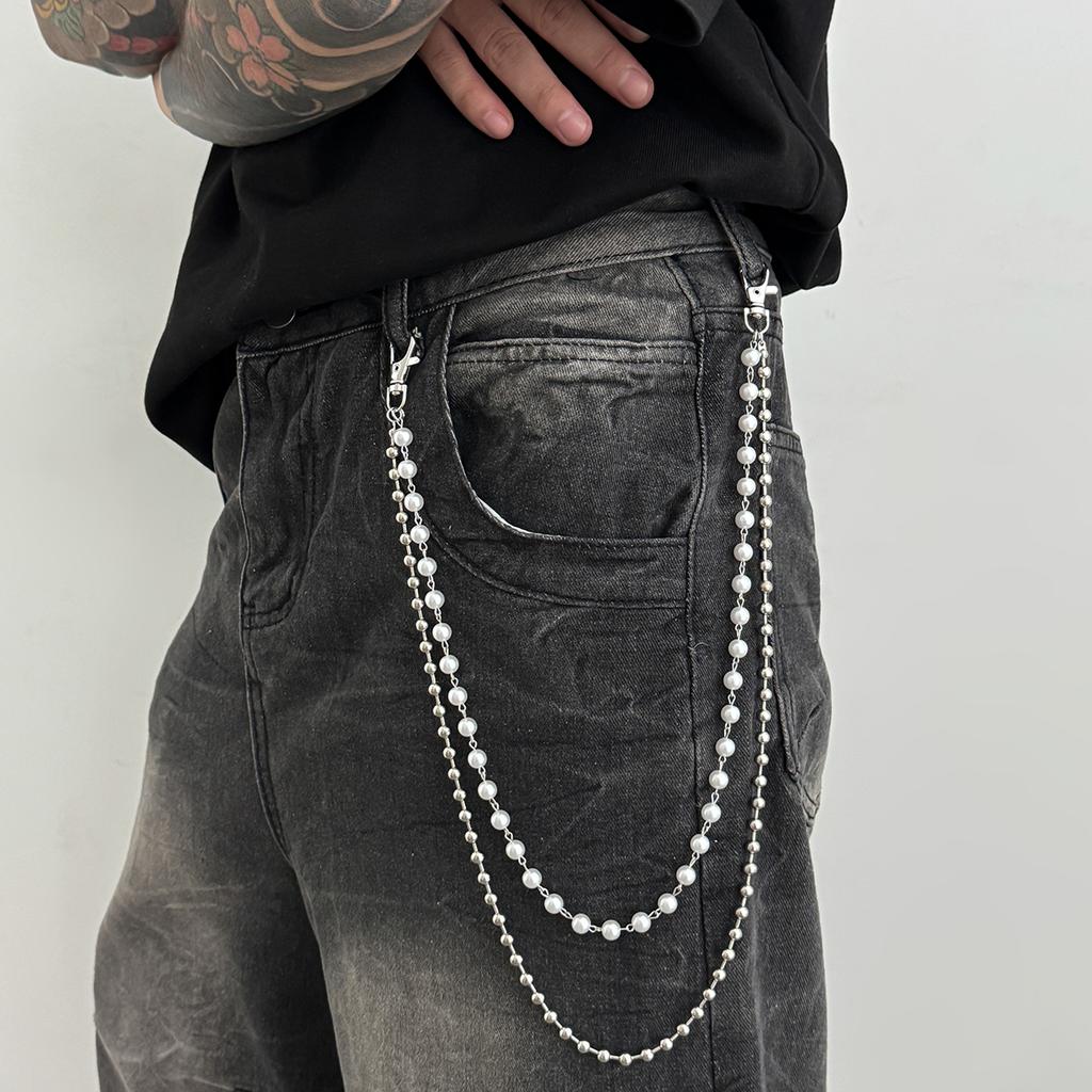 Ingemark Hip-Hop Imitation Perlen Hosen Jeans Schlüsselanhänger Ring Clip Herren Trendig Kreativ Metall Handgefertigt Perlen Taille Kette Schmuck