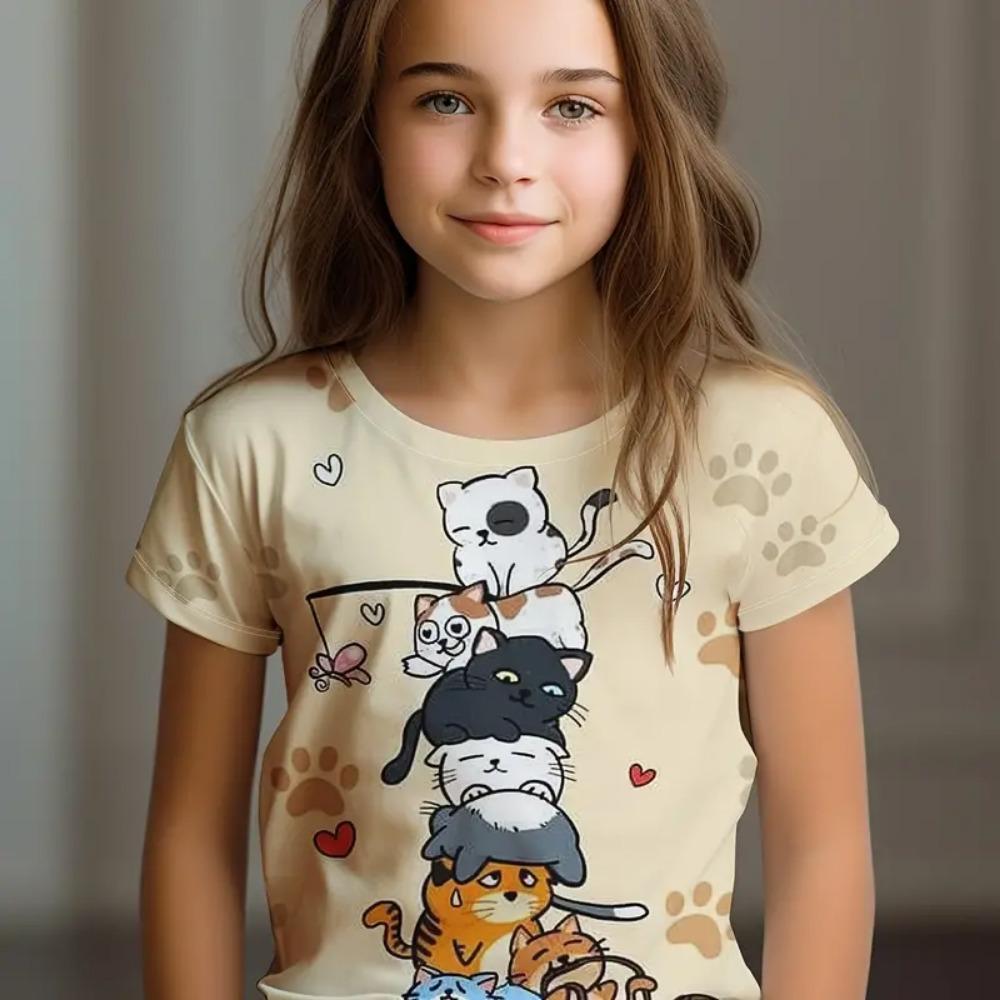 Kids Clothes Children's T-Shirt Girl Short Sleeve Top Cartoon Cat Kawaii Girls Summer Clothes Child T-Shirt  Children's Clothing
