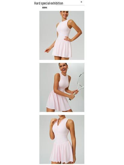 Cloud-feel Dual-Layer Anti-Exposure Tennis Dress with Stand-up Collar (9094)