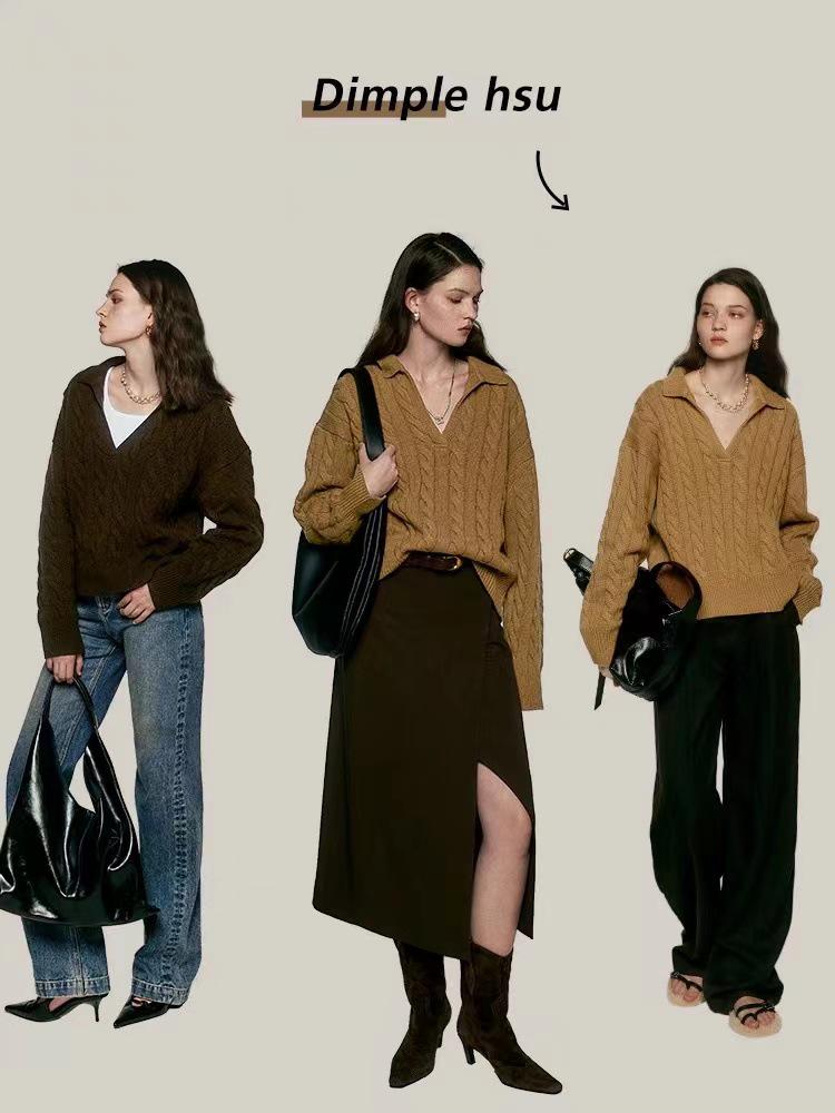 2024 Korean V-Neck 100% Pure Wool Loose Knit Pullover Sweater