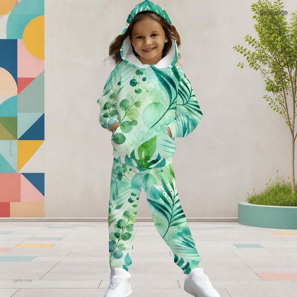 Girls Leaf Printed Hooded Tracksuit Long Sleeve Kangaroo Pocket Cuffed Pants Two Piece Set