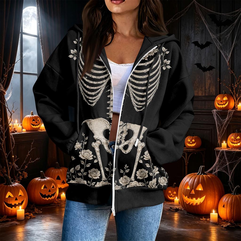 Damen lässiges Kapuzen-Sweatshirt mit Reißverschluss und Langarm mit Halloween-Print