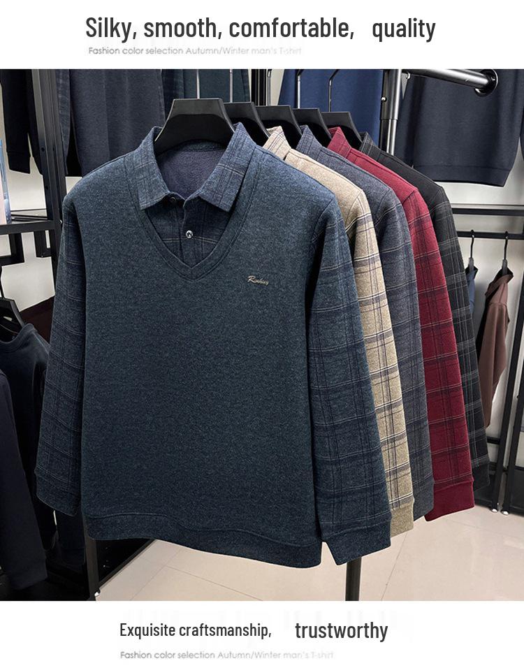 Maglione Invernale da Uomo Finto Due Pezzi con Collo in Lana - Caldo Tessuto di Velluto per Mezza Età e Anziani