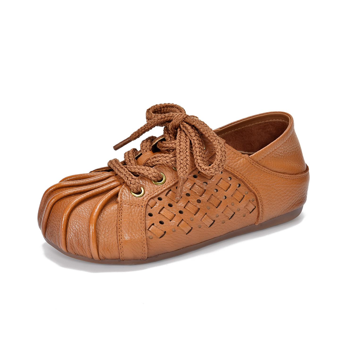 

Johnature Retro Comfortable Soft Soled Shoes Genuine Leather Hollow-out Lace Up Women s Flat Shoes 40 світло-коричневого кольору