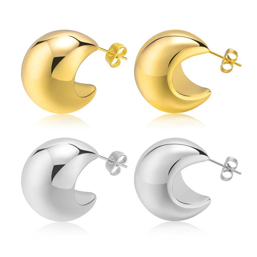 Stainless Steel Open Hoop Earring Women, Crescent Moon Shape Tube Earring Gold Plated Trendy Gift