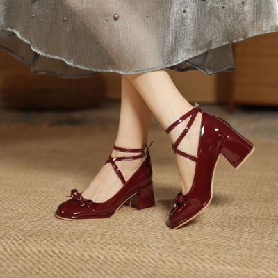 Red Mary Jane Women Pumps Thick High Heels Shoes Female Lolita Square Toe Shoes Spring Fashion Party Leather Woman Shoes