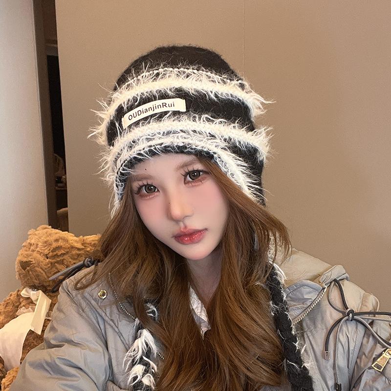 Warm Plush Hat for Women's Tassel Ear Protection Knitted Hat Outdoor Cold Protection Versatile Cold Hat Showing Face Small Wool Hat