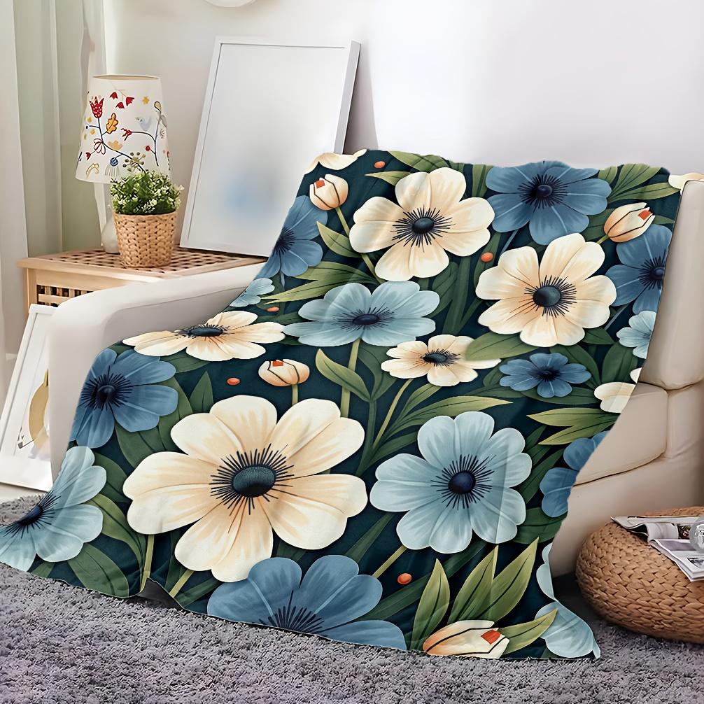 1pc Extra Large Soft Fleece Blanket - Navy Blue, Beige, White, Green Floral Pattern - All-Season Luxury Bedspread/Throw - Machin