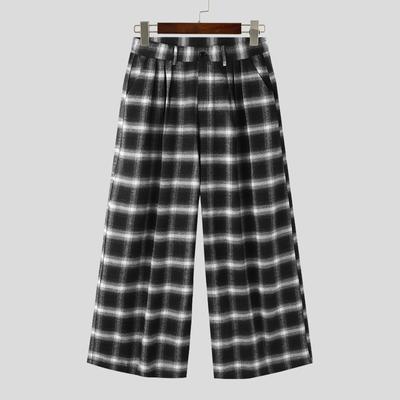 Autumn Men Casual Elastic Waist Zipper Plaid Long Wide Legs Pants