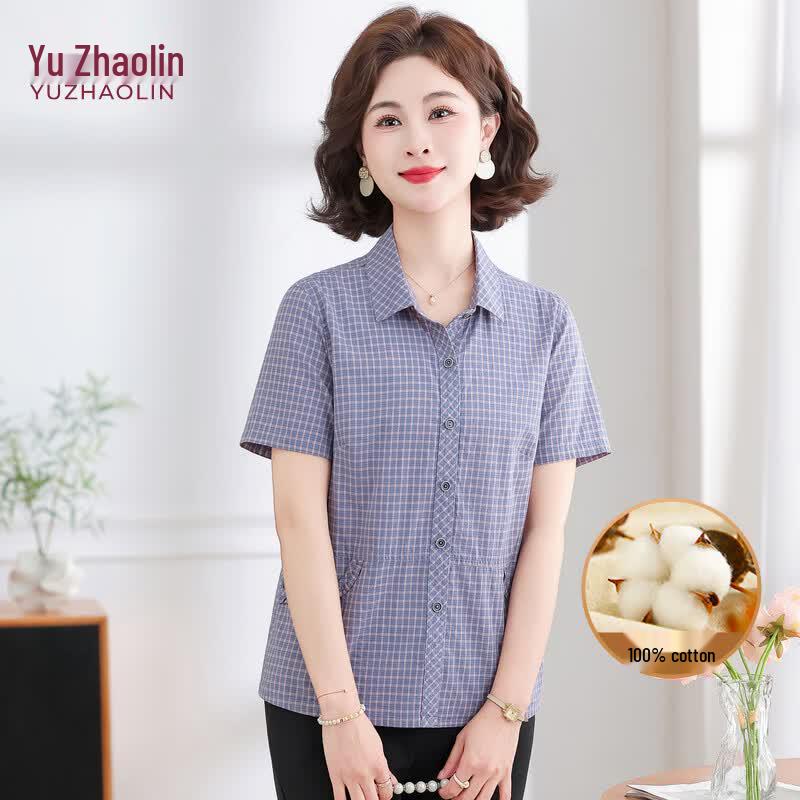 YUZHAOLIN Women s Pure Cotton Plaid Short Sleeve Cardigan 3XL