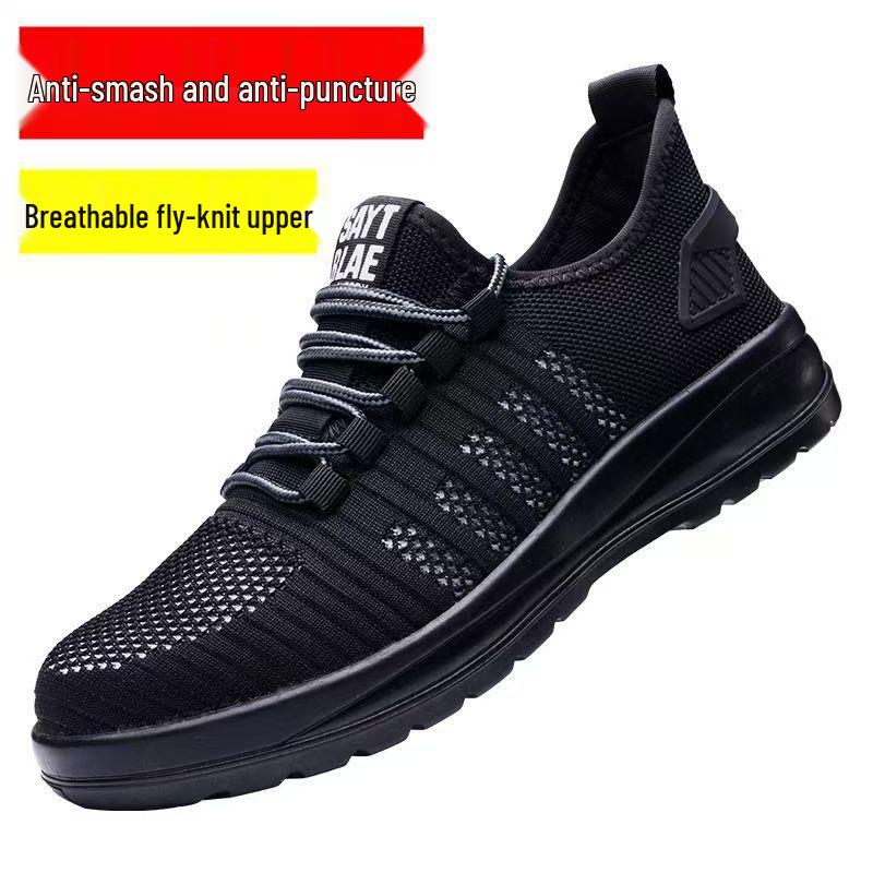 Men s Breathable Lightweight Flyknit Low-Top Safety Shoes - Soft Sole, Anti-Smash, Anti-Puncture with Steel Plate. Black & White Knit Anti-Smash & Puncture; Size 46