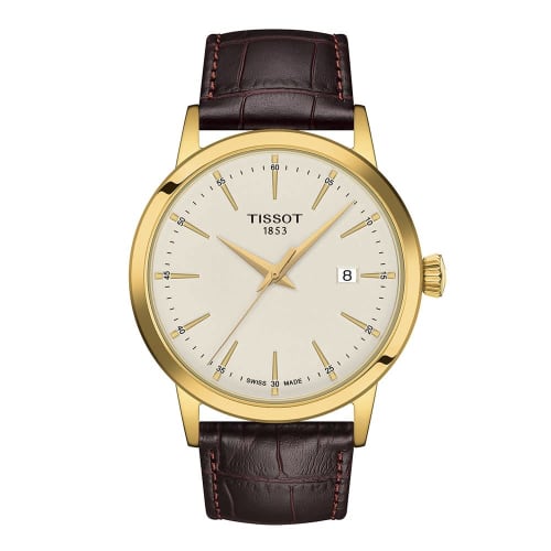 Tissot Men's Classic Dream 316L Stainless Steel Case Yellow Gold PVD Coated Quartz Watch with Brown Leather Strap, Size 22 (T1294103626100), Brown, Cl