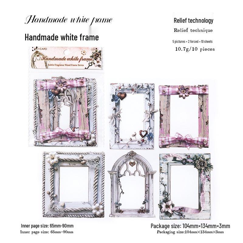 Mò Mò Shēng Mù Yìnxiàng Retro Door Frame Cards: Hollow Relief Collage with Dark Wood Fragrance, 6 Styles, 10 Sheets Included.