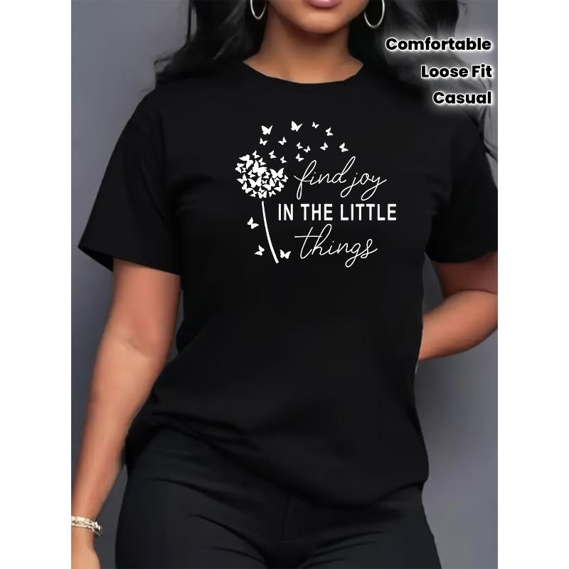 Women s Artistic Letter Dandelion Print T-Shirt Casual Loose Short Sleeve Top S чёрный