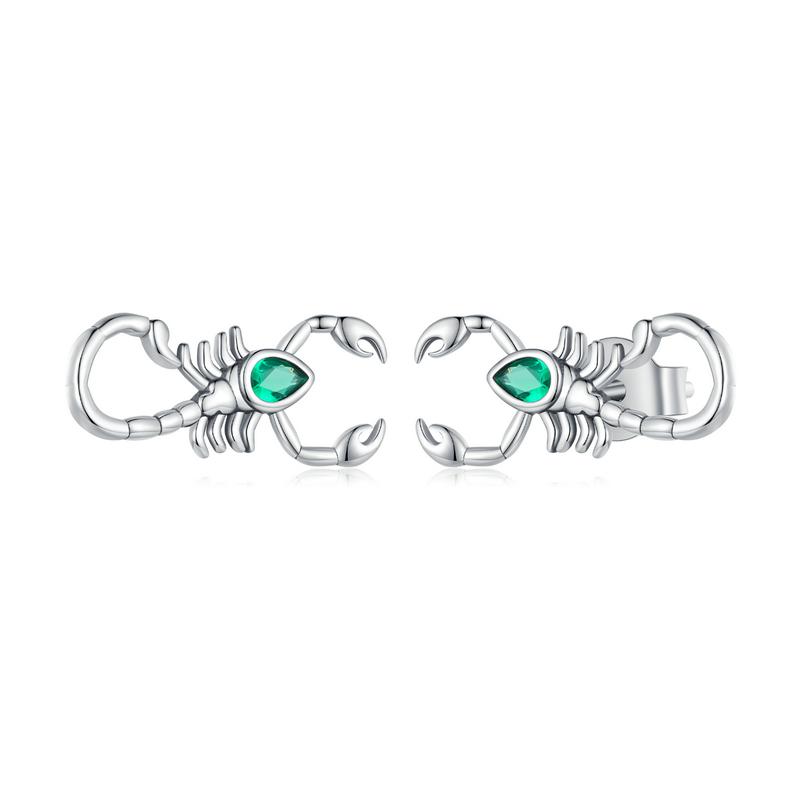 WOSTU 925 Sterling Silver Unique Green Zircon Scorpion Stud Earrings For Women Special Animal Studs Girl Birthday Jewely Gift