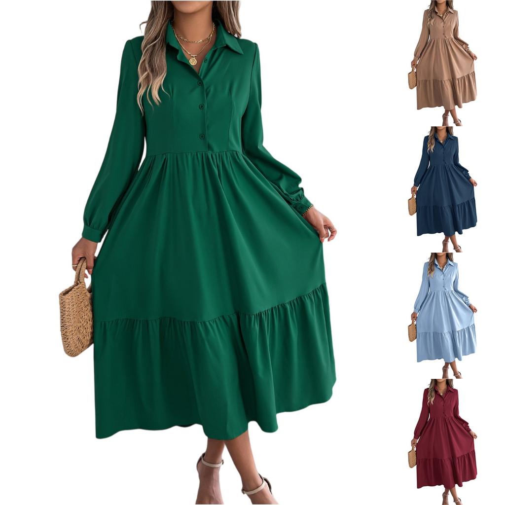 Women's Fashionable Color Lapel Button Casual Loose Long Sleeved Shirt Dress