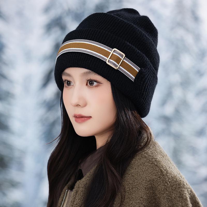 Winter Striped Buckle Hat Women's Simple Outdoor Casual Plush Hat Warm Plush Thickened Cold-proof Knitted Hat