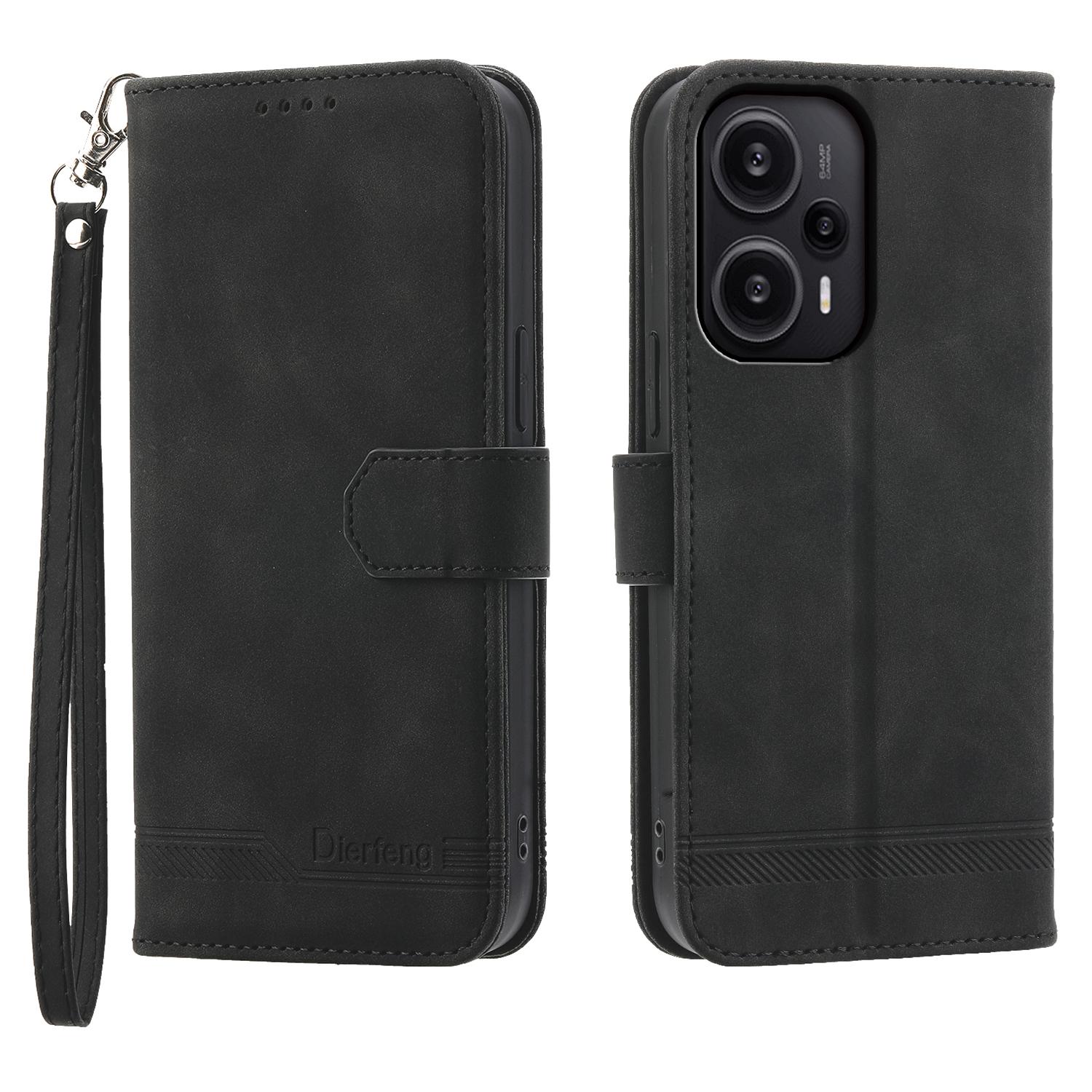 

DIERFENG DF-03 for Xiaomi Redmi Note 12 Turbo/Poco F5 5G Leather Wallet Mobile Case Lines Imprinted Stand Cover Black