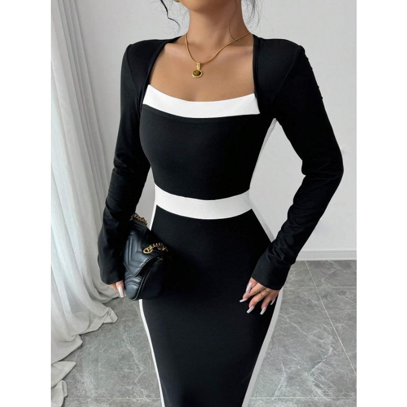Women Color Block Patchwork Square Collar Long Sleeve High Waist Midi A Line Dress