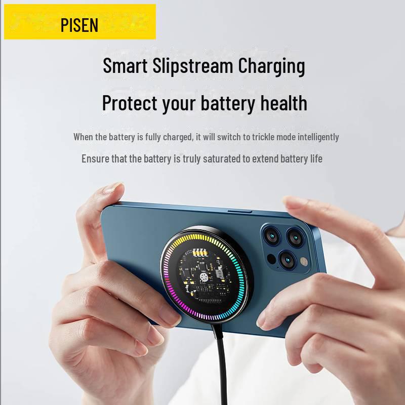 PISEN MagSafe-Compatible Magnetic Wireless Charger with Atmosphere Light for Apple & Android